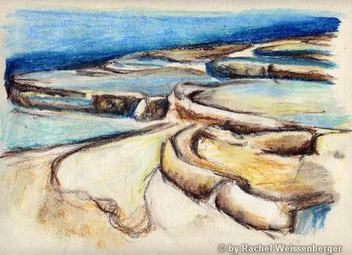 Pamukkale, Watercolour pencils on hand-made paper,