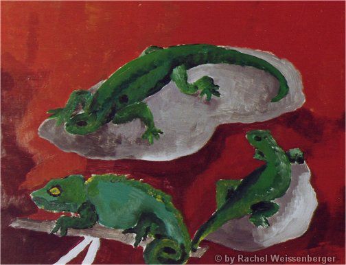 Lizards, Acrylics with brush on wood,