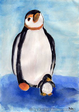 Pinguin mit Baby, Deckfarbe auf Papier,