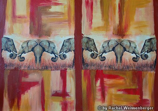 Elefanten I, Acryl, Servietten und Lacke auf Leinwand,