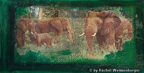 Elefanten II, Acryl, Servietten und Lacke auf Leinwand,
