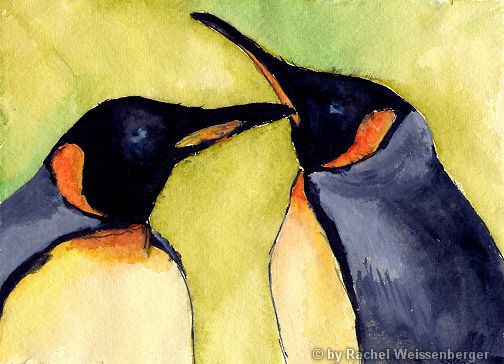 Penguin-couple, Watercolour with ink on hand-made paper,